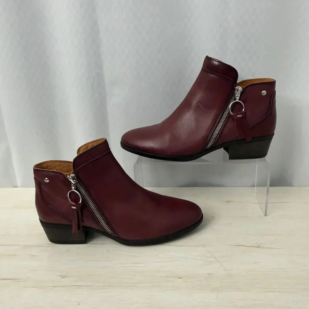 Pikolinos Boots Womens 8.5 Daroca Burgundy Red Leather Side Zip Ankle Booties 39